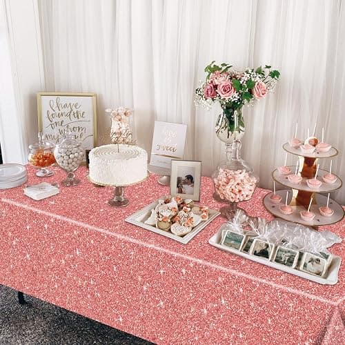 4 Pack Pink Rose Gold Tablecloths, 51x87'' Rose Gold Sequin Printed Plastic Table Cover, Rose Gold Glitter Birthday Background Decorations for Girls Birthday Wedding Graduation Princess Party Supplies thumbnail 5