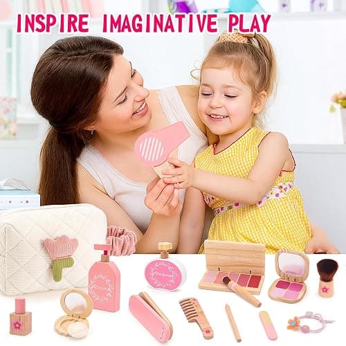 Wooden Makeup Toy Set for Girls Pretend Play Makeup Kit for Toddlers 3-5 with Bag, Birthday Gifts for Girls Toys Kids Aged 3 4 5 6 7 8 thumbnail 2