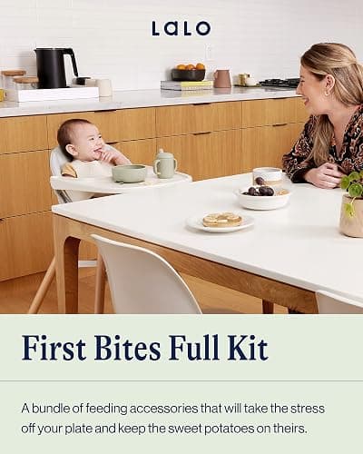 Lalo First Bites Silicone Baby Feeding Set - Baby Led Weaning Supplies - Non-Toxic Silicone - Includes 2 Bibs, 2 Spoons, Training Cup, Suction Plate and Bowl - 6 Pieces - Oatmeal - Oatmeal - Full Kit thumbnail 3