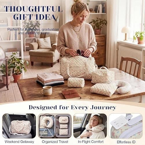 Redbaker 7 Pcs Floral Luggage Set for Women,Beige | 20" Carry Travel Suitcase Quilted Duffel Bag Makeup Bags Neck Cushion & Name Label thumbnail 6