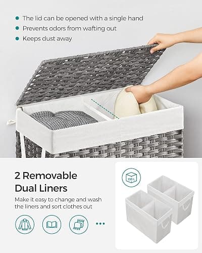 SONGMICS 130L Clothes Hamper with Lid, 2 Removable Liner Bags, 6 Mesh Bags, Wicker, Double Laundry Basket for Bathroom, 13 x 26 x 23.6 Inches, Gray ULCB253G01 thumbnail 5