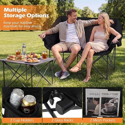 Goplus Double Camping Chair, Oversized Padded Loveseat w/Cup Holders, Glass Racks and Mesh Pockets, 660 LBS Heavy Duty Folding 2 Person Camp Couch w/Carry Bag for Lawn, Beach and Picnic (Black) thumbnail 7