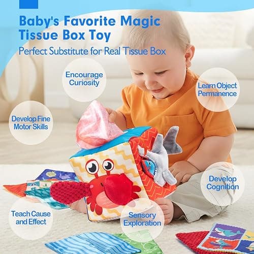 hahaland Baby Tissue Box Toy - Baby Toys 6-12 Months Montessori Toys for 6 Month Old with Textured Tails, Crinkle Tissues, Squeaky, Mirror, Gifts Play Silks Sensoy Scarves for Babies Stocking Stuffers thumbnail 4