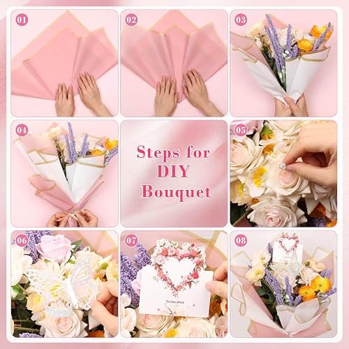 Thrilez 187PCS Flower Bouquet Wrapping Paper Kit Includes 40 Floral Paper, 24 Butterflies, 100 Bouquet Pins, 3 Ribbons and 20 Greeting Cards for Mother's Day Wedding Baby Shower Graduation thumbnail 6