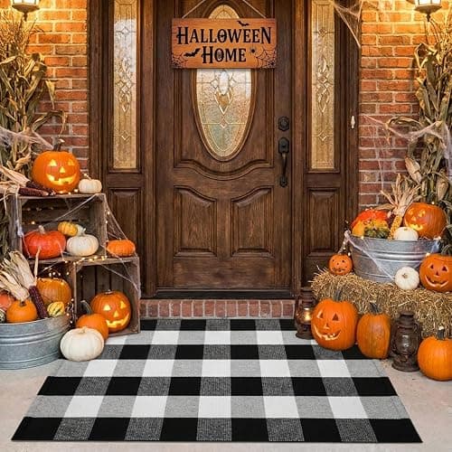 SEEKSEE Fall Decor Buffalo Plaid Outdoor Rug 27.5x43 Black and White Front Door Mat, Layering Rug for Porch, Washable Doormat, Cotton Area Rug for Outdoor Entrance Entryway Patio Porch Decor thumbnail 4