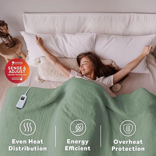 Sunbeam Royal Ultra Fleece Heated Electric Blanket Twin Size, 84" x 62", 12 Heat Settings, 12-Hour Selectable Auto Shut-Off, Fast Heating, Machine Washable, Warm and Cozy, Matcha thumbnail 7