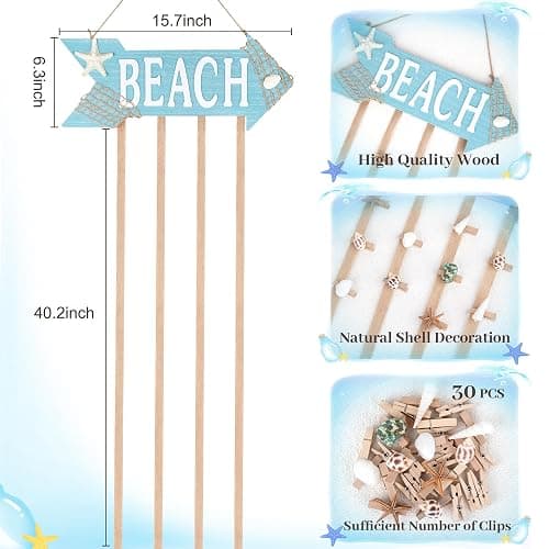 WeDoSoy Coastal Style Hanging Photo Display Holder with 30 Clips (10 Shell Clips), Wooden Frames Wall Picture Organizer for Beach Decor, Collage Display, Postcards, Holiday Cards & Home Decoration thumbnail 3