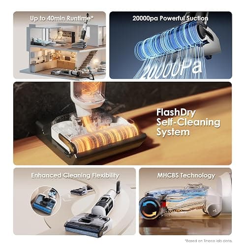Tineco Floor ONE Stretch S6 Cordless Wet Dry Vacuum Cleaner, 180°Lay-Flat Smart Vacuum Mop, 40 Minutes Long Runtime 158℉ Flashdry Self-Cleaning, Dual-Sided Edge Cleaning Lightweight Floor Cleaner thumbnail 4
