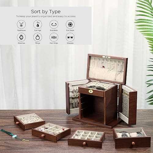 Artisticbox wooden Jewelry Box and Organizer - 8-Layer Lockable Wooden Jewelry Boxes for Women - Large Jewelry Boxes and Organizer with Key,Gift for Wife,dresser top jewelry box with lock thumbnail 6