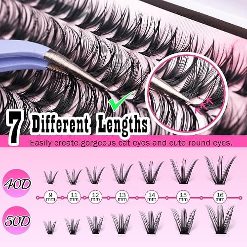 FANXITON DIY Individual Eyelash Extension Kit, Thick Volume Lash Clusters 40D+50D D Curvature, 280 Pieces Thin Band Cluster Lashes with Bond and Seal Tweezers thumbnail 5
