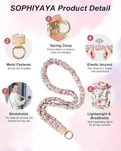 Scrunchie Lanyard with Badge Holder for Teachers & Office Workers | Pink Floral Teacher Lanyard for Women with 2 Card Clear Badge Holder-Soft & No-Tangle thumbnail 3