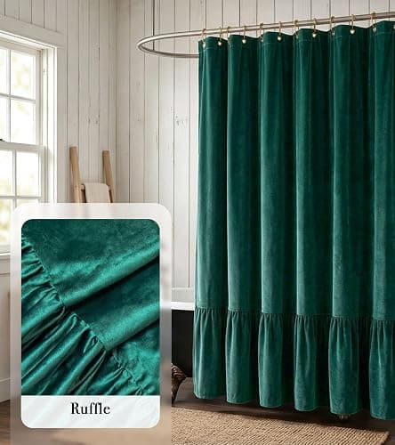 MAMUSE Ruffle Shower Curtain for Bathroom - Cute Aesthetic Decorative Modern Girly Unique Girls Design Pretty Women Waterproof Velvet Cortinas de Baño Bathtub 72 x 72 Inch, Dark Green thumbnail 6