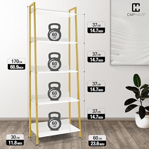 CAPHAUS 5 Tier Ladder Bookshelf, 24 Inch Width Free Standing Shelf, Bookcase Shelf Storage Rack Organizer, Industrial Book Shelves for Home Office, Living Room, Kitchen, White Shelves & Gold Frame thumbnail 3