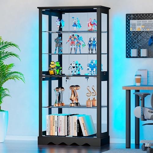 Dystler Display Cabinet with Glass Doors, RGB Lights for Collectibles | 71'' Tall with Adjustable Shelves, Human Sensor LED Lighting Curio Cabinet, Black thumbnail 7