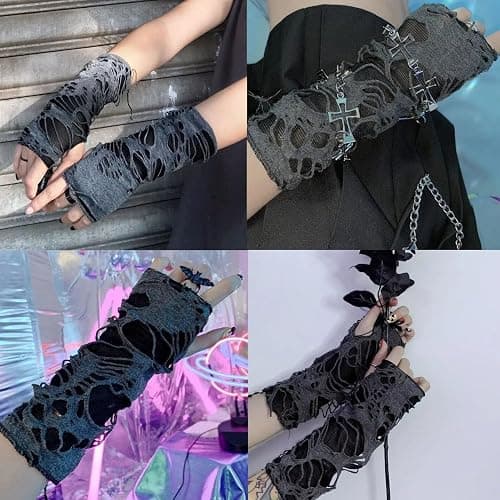 Luwigs Women's Punk Fingerless Gloves Arm Warmers Black Broken Slit Ripped Gothic Gloves for Halloween Costume Party 1 Pair thumbnail 5