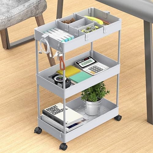 SPACELEAD 3 Tier Rolling Cart with Wheels, Storage Craft Art Trolley Organizer Serving, 3 Hanging Baskets Easy Assembly, for Office, Living Room, Kitchen, Gray thumbnail 6