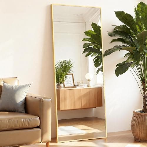 Aidoly Mirror Full Length, Upgraded 16"x59" Body Wall Mirrors with Shatter-Proof Glass, Floor Standing, Hanging or Leaning, Tall Mirror with Stand Aluminum Alloy Frame for Bedroom, Gold - Image 1