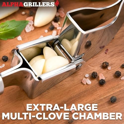 Alpha Grillers Garlic Press Stainless Steel - Easy to Clean, Rust-Proof, Dishwasher Safe - Stainless Steel Garlic Press, Mincer, Crusher with Silicone Peeler & Cleaning Brush thumbnail 3