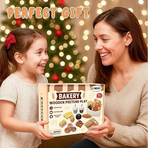 Wooden Bakery Playset Food Toys, Kids Pretend Play Food Baking Set Kitchen Accessories with Storage Bag, Pretend Play Bread Cutting Food for Boys Girls 3+ thumbnail 7