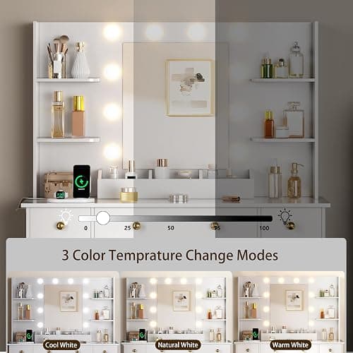 HUANLEGO Vanity Desk with Mirror and Lights, Makeup Vanity with Charging Station & Vanity Stool, 3 Drawers and Cabinets White Vanity Mirror with RGB LED Lights Vanity Desk and Chair for Women thumbnail 5