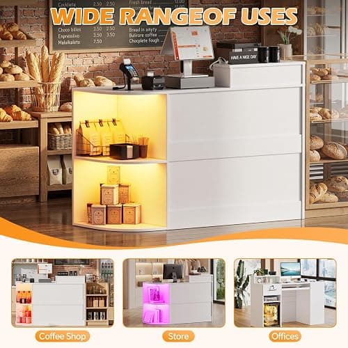 Modern Reception Desk with LED Light and Open Shelves, Front Desk with Lockable Drawers & Keyboard Tray,Reception Counter Table with Storage for Checkout, Office, Lobby, Nail Salon Spa (C.White) thumbnail 4