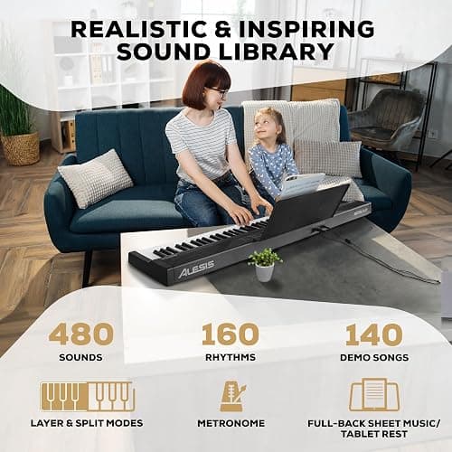 Alesis 88 Key Keyboard Piano with 480 Sounds, Speakers, USB MIDI, Sheet Music Tablet Rest, Power Adapter and Piano Lessons for Beginners thumbnail 4