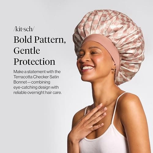 Kitsch XL Satin Bonnet for Sleeping - Terracotta Checker | Softer Than Silk Bonnet For Sleeping Women - Secure Fit, Adjustable & Prevents Breakage Hair Bonnet For Sleeping thumbnail 2