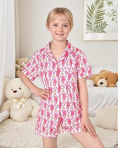 Zelbuck Girls Summer Outfit, Kids 2 Piece Button Down Monkey Beach Shorts Set Ugly Animal Y2k Preppy Loungewear Pjs thumbnail 2