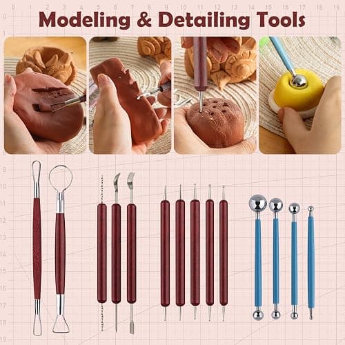 48PCS Pottery Tools Kit for Sculpting, Clay Carving Tools, Ceramic Tools for Polymer Clay, Modeling, Trimming, Molding, Shaping, Pottery Kiln, Arts Crafts Supplies, Adults, Students, Beginners, Pros thumbnail 5