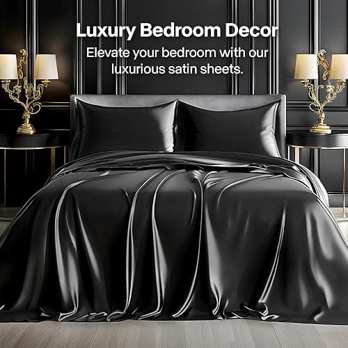 BEDELITE Satin Sheets Queen Size Bed Set, Luxury Soft Black Silky Sheets for Hair and Skin, Similar to Silk Bed Sheets Set 4 Pieces with 1 Deep Pocket Fitted Sheet, 1 Flat Sheet, and 2 Pillowcases thumbnail 3
