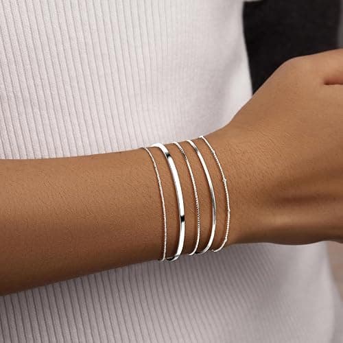 Thin Gold Bracelet for Women Stack, Dainty 14K Gold Bracelet Stackable Set with Bangle Cuff, Box, Herringbone, Paperclip, Figaro, Sparkling Link Chains, Simple Waterproof Non Tarnish Minimalist Gifts for Women Trendy thumbnail 6