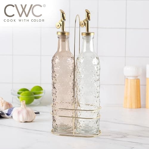 COOK WITH COLOR Glass Olive Oil Bottle Dispenser - 2 Pack- 17oz Oil and Vinegar Cruet - Olive Oil Carafe Decanter for Kitchen, Floral, Brown thumbnail 6