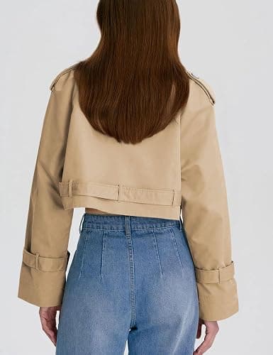 Xiaoxuemeng Womens Cropped Bike Jacket Casual Double Breasted Trench Coat with Belt thumbnail 8