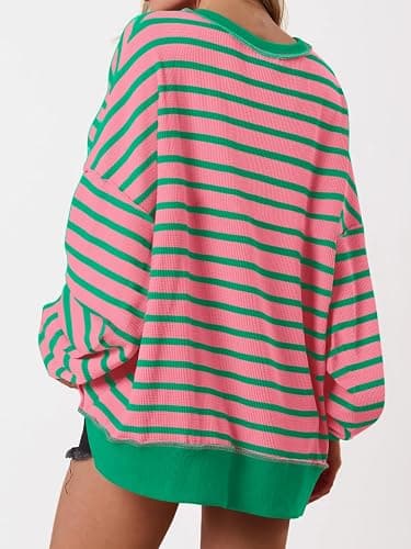 PRETTYGARDEN Womens Fall 2025 Striped Oversized Sweatshirt Long Sleeve Button Up Henley Neck Waffle Knit Pullover Tunic Tops thumbnail 5