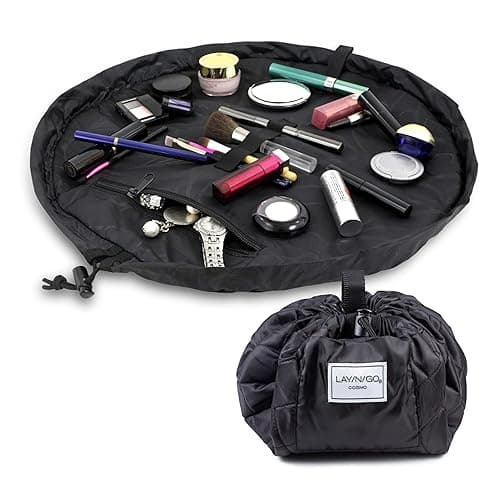 Lay-n-Go Cosmo Drawstring Cosmetic & Makeup Bag Organizer - Portable Drawstring Bag w/Zipper Pocket, Makeup Loops & More - Durable, Machine Washable Toiletry Bag for Travel (20", Black) - Black - 20 Inch