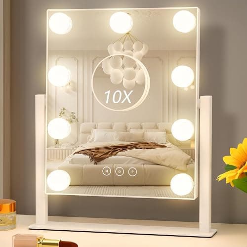 Acoolda Vanity Mirror with Lights, Hollywood Vanity Makeup Mirror with 9 Dimmable LED Bulbs, 3 Color Lighting Modes, Detachable 10X Magnification, 360°Rotation,White - Image 1