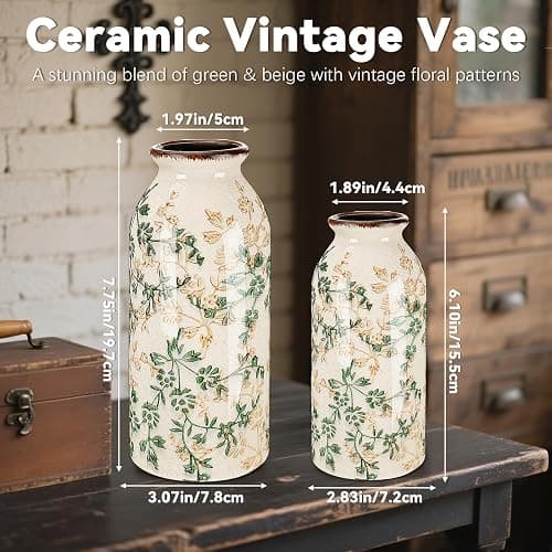 Ninehaoou 2 Pcs Vintage Ceramic Flower Vase Chinoiserie Antique Floral Vase Rustic Boho Farmhouse Decor for Home Table Bookshelf Aesthetic Centerpiece Gift(Vintage Green) thumbnail 3