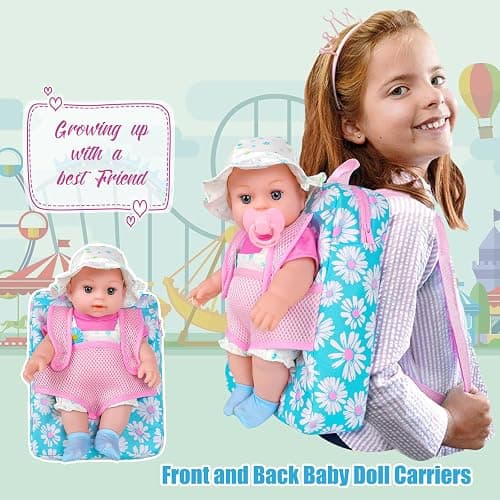 12" Girls Baby Doll Daisy Theme Backpack Carrier Playset,12 Inch Reborn Baby Dolls With Accessories And Clothes Set Toy Stuffs Pink Hanky Diaper Bottle Nipple And Gifts For Baby Toddler Age 3+ thumbnail 4