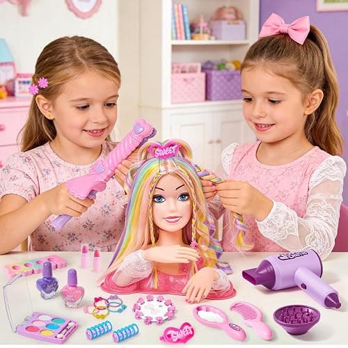 Toylink Doll Head for Hair Styling Kids Makeup Kit, 34Pcs Hair Salon Pretend Play Toys with Hairdryer Straightener Makeup Princess Accessories, Birthday Gifts for Girls 3 4 5 6 7 8 thumbnail 2
