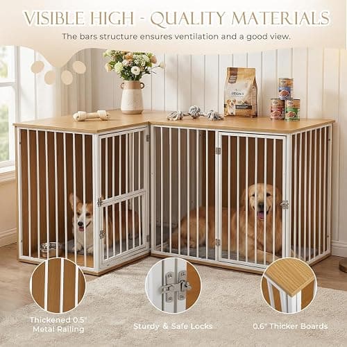Large Double Dog Crate Furniture - TV Stand & Indoor Kennel with Adjustable Divider, Heavy Duty Wooden Pet House for 2 Large Breed Dogs, Removable Doors, with Rotating Feeder (White) thumbnail 5