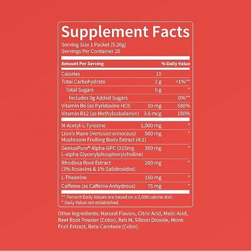Nello Superfocus – Nootropic Focus Drink Mix for Productivity, Caffeine, L-Theanine, Rhodiola Rosea, Alpha-GPC, Lion’s Mane, Tyrosine, Sugar-Free Packets - With Caffeine (Pack of 20) (20 Servings (Caffeine), Fruit Punch) thumbnail 2
