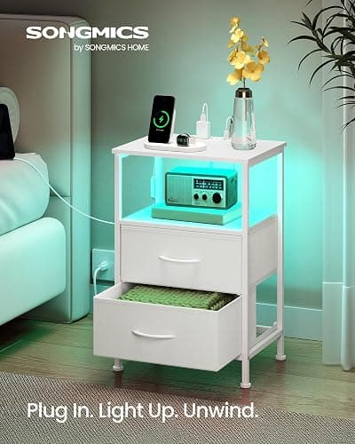 SONGMICS BELLAH Collection - Nightstand with Charging Station and App-Controlled Adjustable LED Lights, Bed Side Table, 2 Drawer and 1 Open Shelf, Bedroom, Cloud White and Snow White ULGS302WH01S thumbnail 3