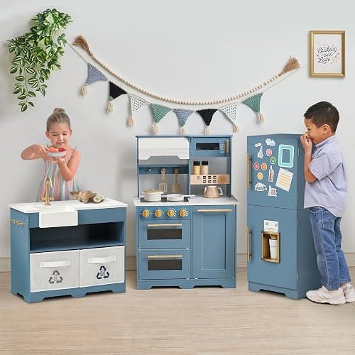 Teamson Kids Little Chef Atlanta Modular Wooden Play Kitchen, 3-Piece Pretend Set with 17 Accessories, Blue/White/Gold, Realistic Features for Toddlers & Kids, Cocina de Juguete Moderna thumbnail 5