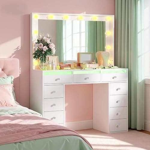 IFSEB Makeup Vanity Desk with LED Lights and Large 36.9’’ Mirror 11 Drawers | Vanity with RGB Glass Top & 3 Color Hollywood Bulbs, Make Up Vanity with Charging Station & Crystal Knobs, White thumbnail 9