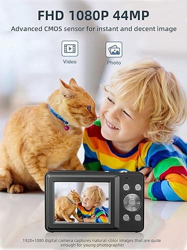 Digital Camera, Camkory FHD 1080P Kids Camera 44MP Point and Shoot Digital Cameras with 32GB SD Card, 16X Zoom, Two Batteries, Lanyard, Compact Small Camera for Kids Boys Girls - Black thumbnail 2