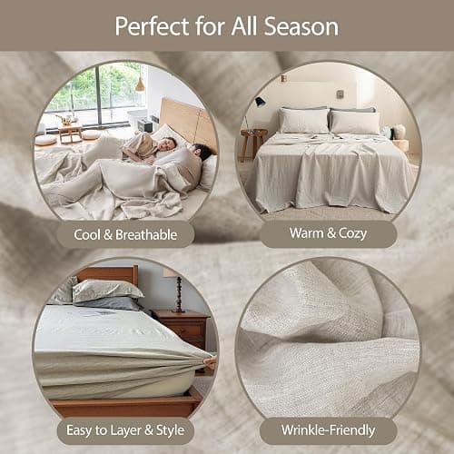 Simple&Opulence 100% Linen Sheets Queen Size Set, 4 Pcs Natural French Linen Bed Sheets, Breathable Soft Durable Bedding Set for All Season (Linen, Queen) thumbnail 5