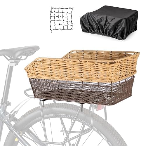 CXWXC Rear Bike Basket - Large Bicycle Rear Basket with Cargo Net and Waterproof Cover, Hand-Woven Baskets Rear Large Capacity - Image 1