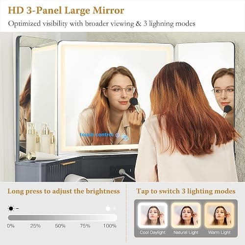 T4TREAM Corner Vanity Desk with Mirror and Lights, 48" Modern Fluted Makeup Vanity with Glass Top, 3-Panel Lighted Mirror & Charging Outlet, Dressing Table with 3 Drawers & 2 Cabinets, Dark Grey thumbnail 3