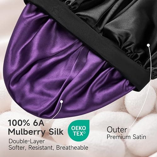 Umisleep 22 Momme 100% Real Mulberry Silk Bonnet for Sleeping Women, Large Hair Care Bonnet for Long Curly Hair, Double Layer Silk Hair Wrap with Soft Elastic Band, Non-Slip Sleep Cap, Shower Cap thumbnail 2