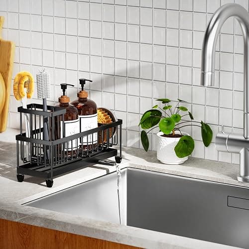 Cisily Sponge Holder for Kitchen Sink, Sink Caddy Organizer with High Brush Holder, Kitchen Countertop Organizers and Storage Essentials, Rustproof 304 Stainless Steel (Large Black, 10.62″) thumbnail 7